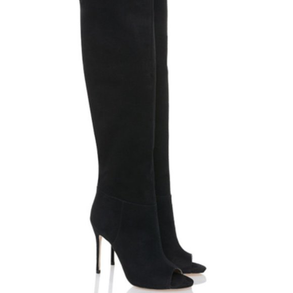 Mistress Rocks "Peepshow" Black Suede Open Toe Thigh Boots - Picture 2 of 10